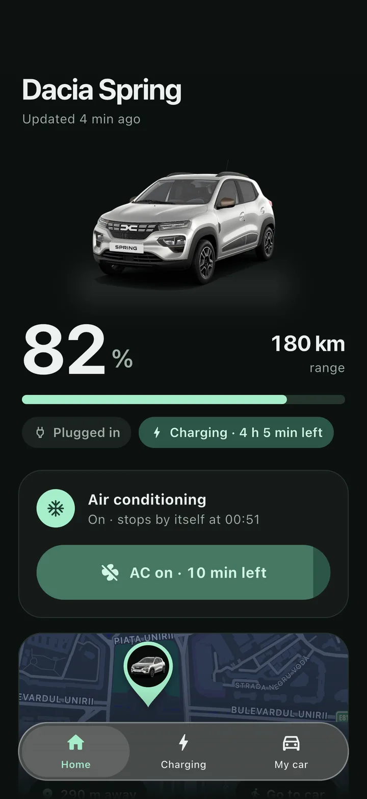 BobEV in dark mode with the AC on: the button reads AC on, 10 min left, and the card says it stops by itself at 00:31