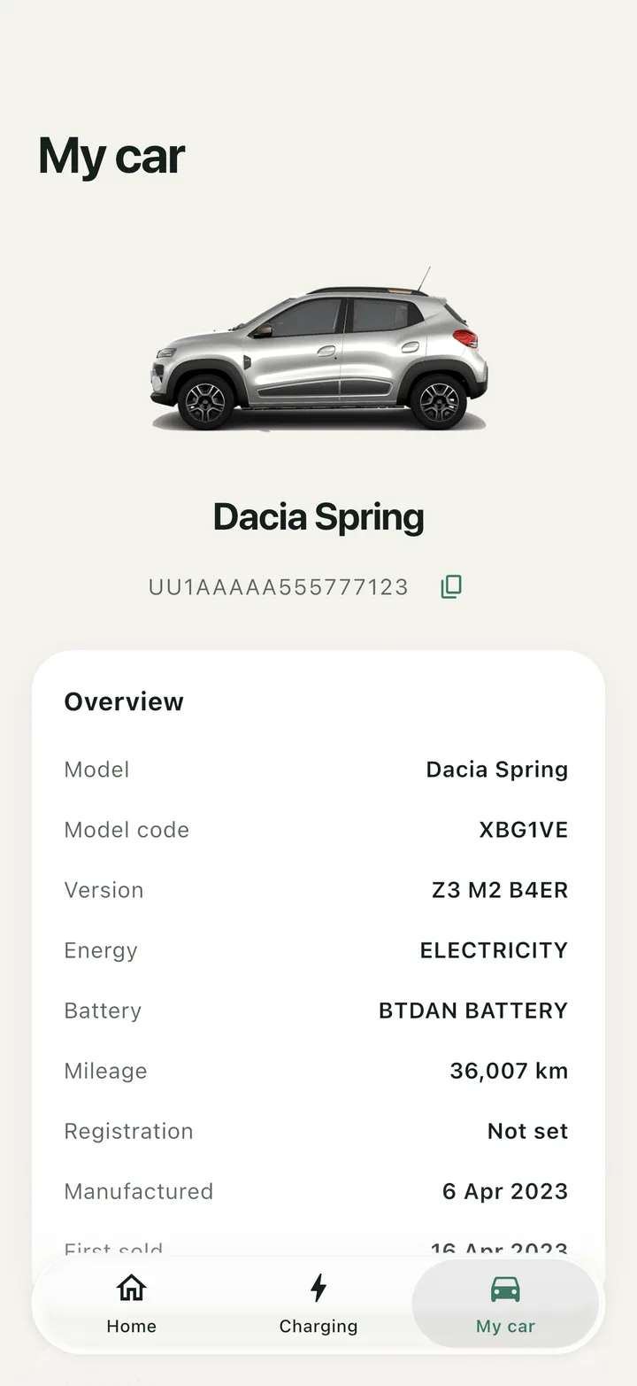 My car: the Dacia Spring's model, version, VIN, battery and registration details